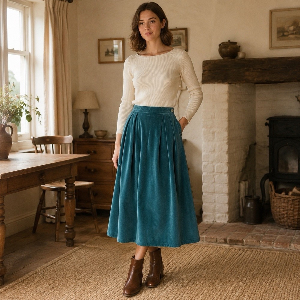 Calvin Klein Skirt Sz 12 Teal Green Velvet Vintage Pleated Midi Cotton Pockets
